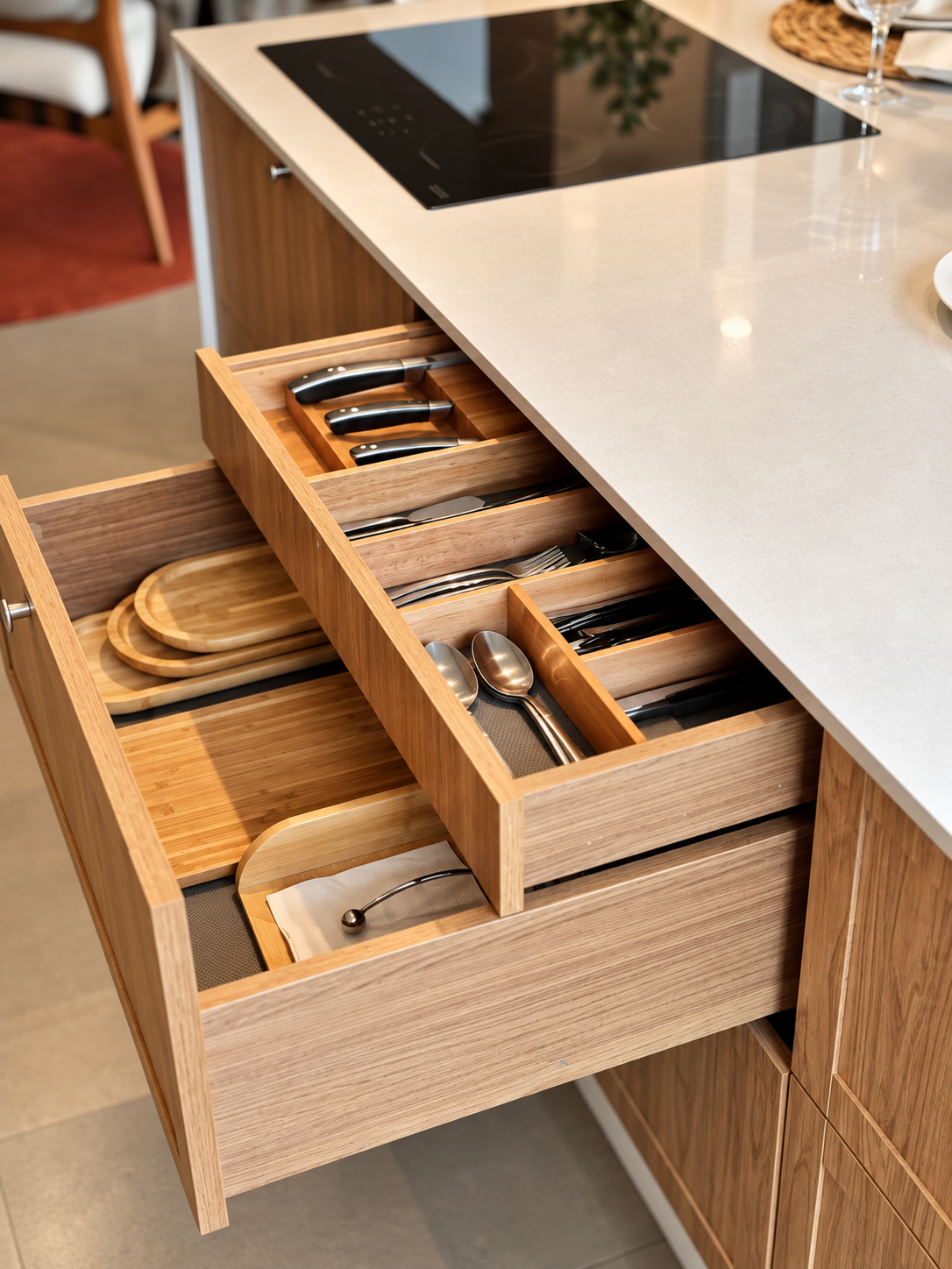 Gaveteiro planejado em madeira com organizador de talheres e facas, bancada em quartzo branco, cooktop embutido ao fundo, estilo clean e funcional, fotografia de interiores realista