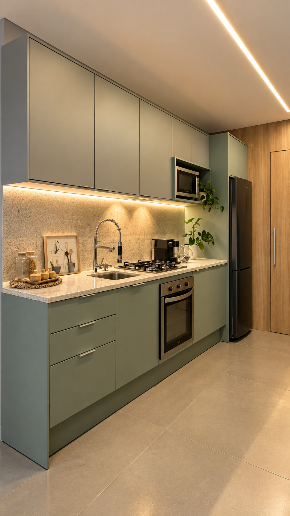 Cozinha planejada verde-musgo com nicho de madeira iluminado, bancada em mármore claro, cafeteira e plantas, porta de madeira amendoada ao fundo, iluminação em friso de LED no teto, fotografia de interiores realista
