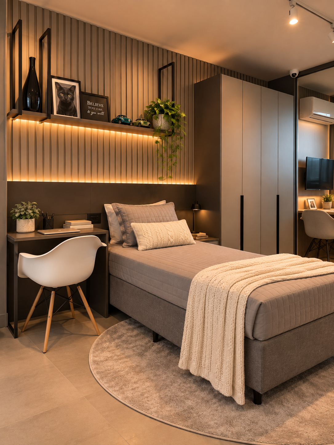 Quarto planejado com painel ripado cinza-chumbo iluminado, prateleira com quadros e plantas em vasos brancos, guarda-roupa cinza com portas pretas, cama de solteiro com roupa de cama cinza e manta trançada bege, escrivaninha com cadeira branca estilo Eames ao lado, piso porcelanato claro, tapete redondo cinza, fotografia de interiores realista