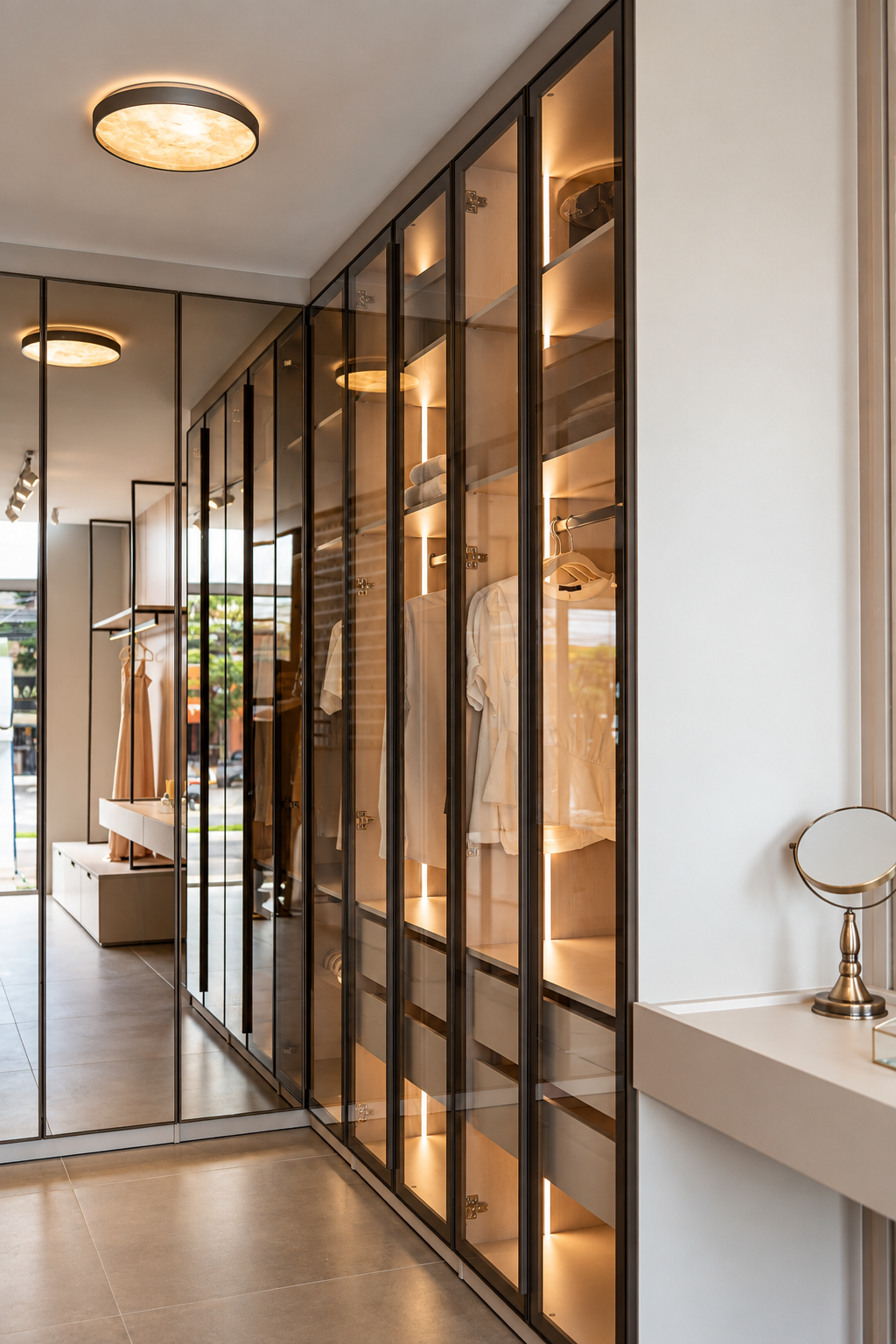 Closet planejado com portas de vidro e perfis pretos, iluminação interna em LED, roupas penduradas, espelho de parede, piso porcelanato cinza, fotografia de interiores realista