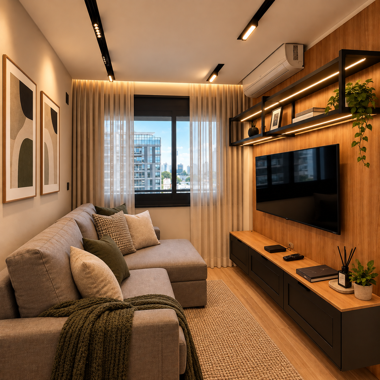 Sala de estar compacta com sofá cinza e almofadas verde-musgo, painel de TV em madeira com prateleira iluminada em LED, ar-condicionado split, cortina translúcida com vista para prédios da cidade, piso de madeira clara, fotografia de interiores realista