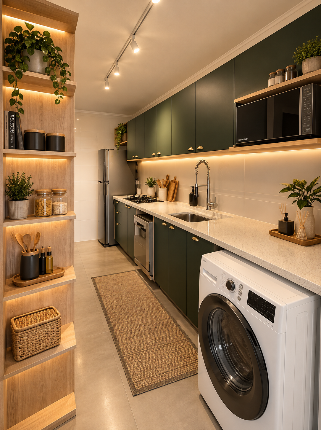 Cozinha planejada verde-musgo com estante de madeira iluminada, bancada em quartzo branco, eletrodomésticos integrados, tapete de fibra natural, fotografia de interiores realista