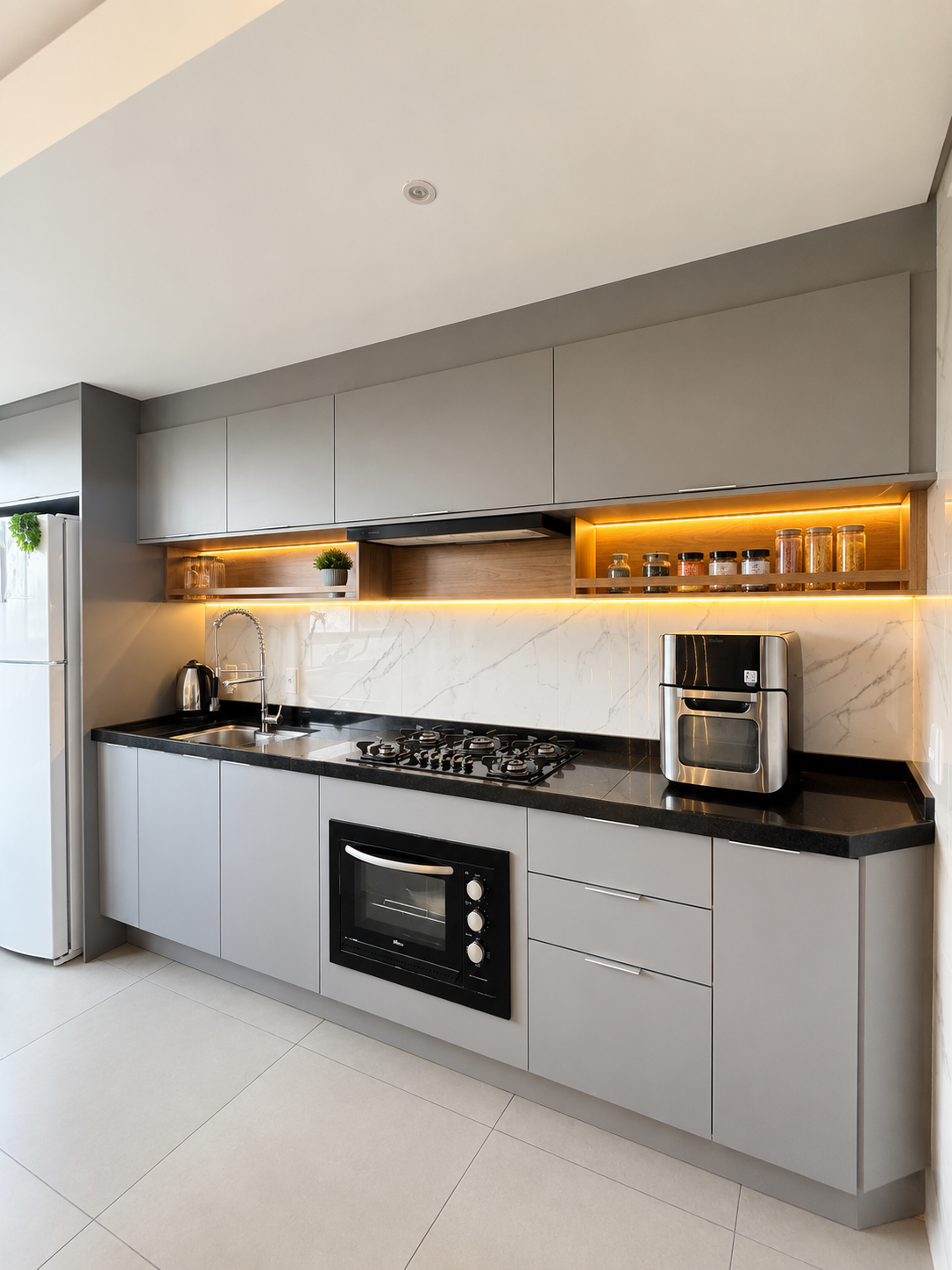 Cozinha planejada cinza com bancada em granito preto, nicho em madeira com temperos e prateleira iluminada, fritadeira elétrica sobre a bancada, backsplash em mármore branco, fotografia de interiores realista