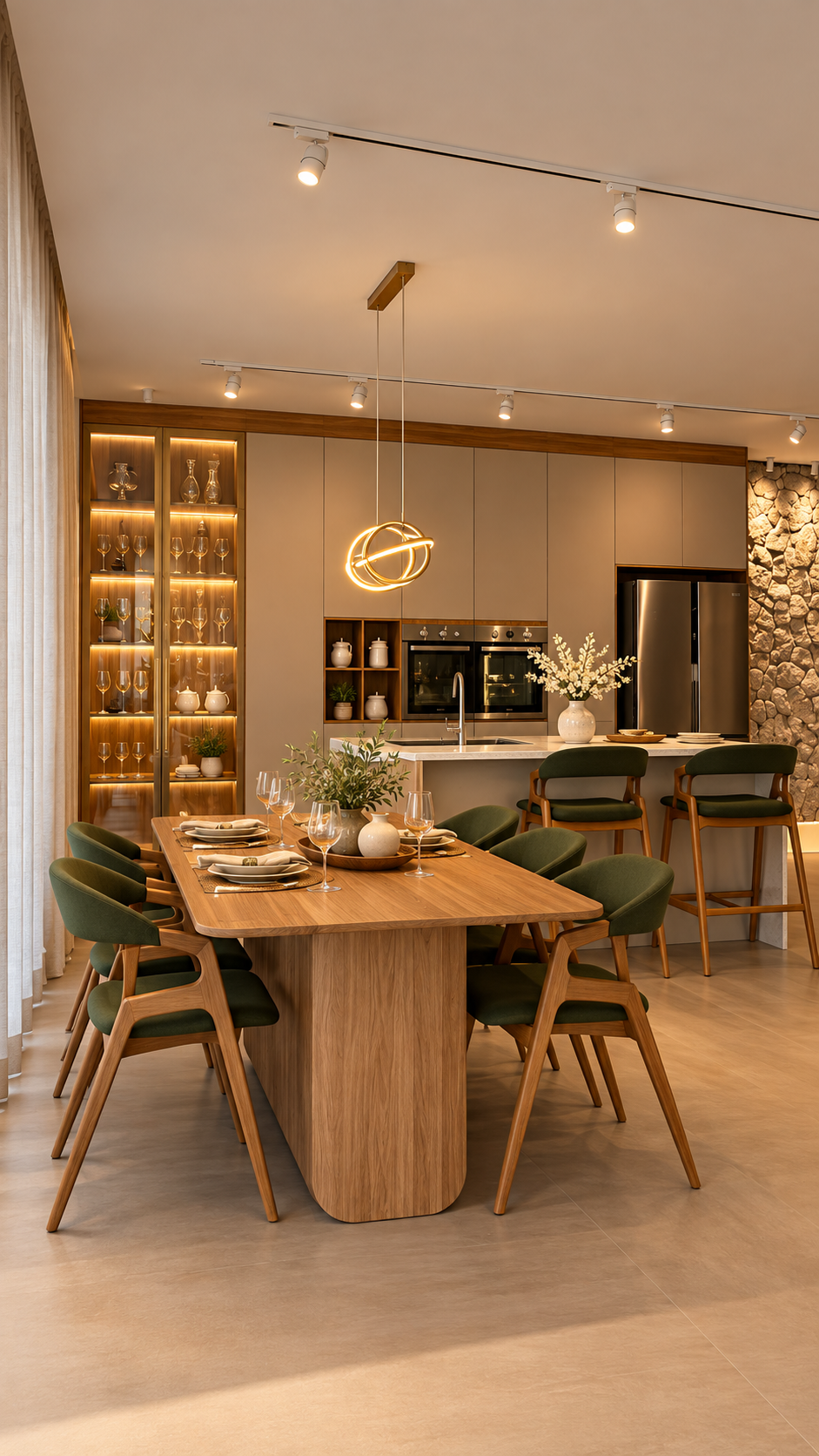 Sala de jantar integrada com cozinha planejada, mesa de madeira com cadeiras estofadas em verde-musgo, bancada em quartzo branco com cooktop e coifa, cristaleira com iluminação interna, pendente dourado circular, parede de pedra natural, iluminação quente aconchegante, fotografia de interiores realista