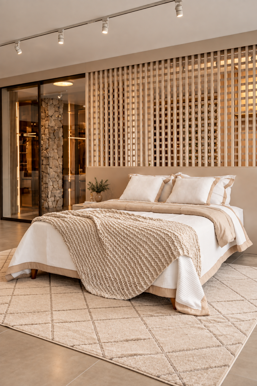 Quarto de casal planejado com painel ripado de madeira clara atrás da cama, cabeceira estofada em bege, roupa de cama branca com manta trançada bege, trilho de spots no teto, porta de vidro ao fundo com vista para closet iluminado, coluna de pedra natural, tapete texturizado, estilo contemporâneo aconchegante, fotografia de interiores realista