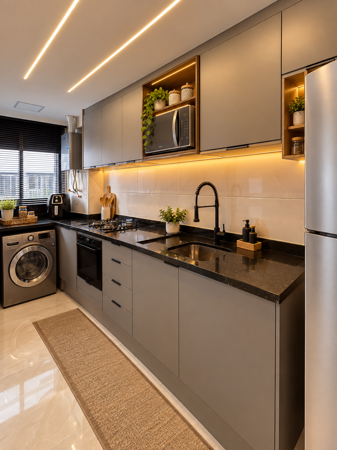 Cozinha planejada cinza com bancada em granito preto, nichos iluminados com fita LED, eletrodomésticos embutidos, tapete passadeira bege no piso de porcelanato, fotografia de interiores realista