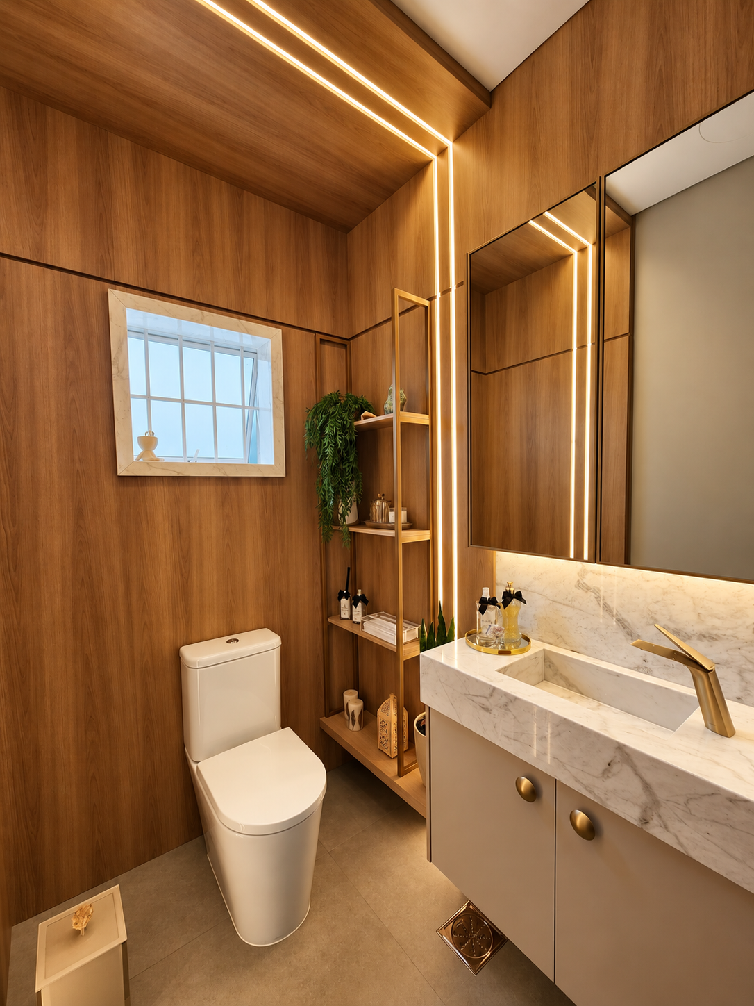 Lavabo planejado com revestimento em madeira amendoada e friso de LED dourado no teto, bancada em mármore branco com cuba esculpida e torneira dourada, espelho com nicho iluminado, estante lateral em madeira e dourado com plantas e decoração, janela com moldura de mármore, fotografia de interiores realista