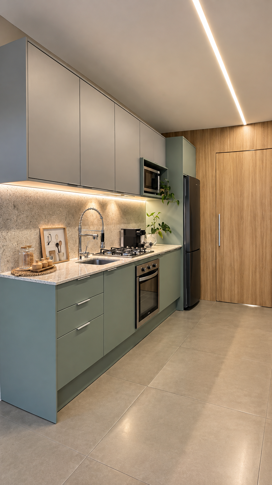 Cozinha planejada verde-sálvia com bancada em granito claro, porta de madeira amendoada ao fundo, plantas pendentes, iluminação em friso de LED no teto, piso porcelanato cinza, estilo contemporâneo clean, fotografia de interiores realista