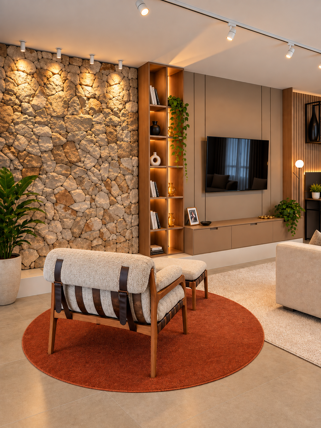 Sala de estar com parede de pedra natural iluminada, estante de madeira com nichos iluminados e plantas, poltrona estofada com alças de couro sobre tapete terracota, painel de TV em madeira e laca, fotografia de interiores realista
