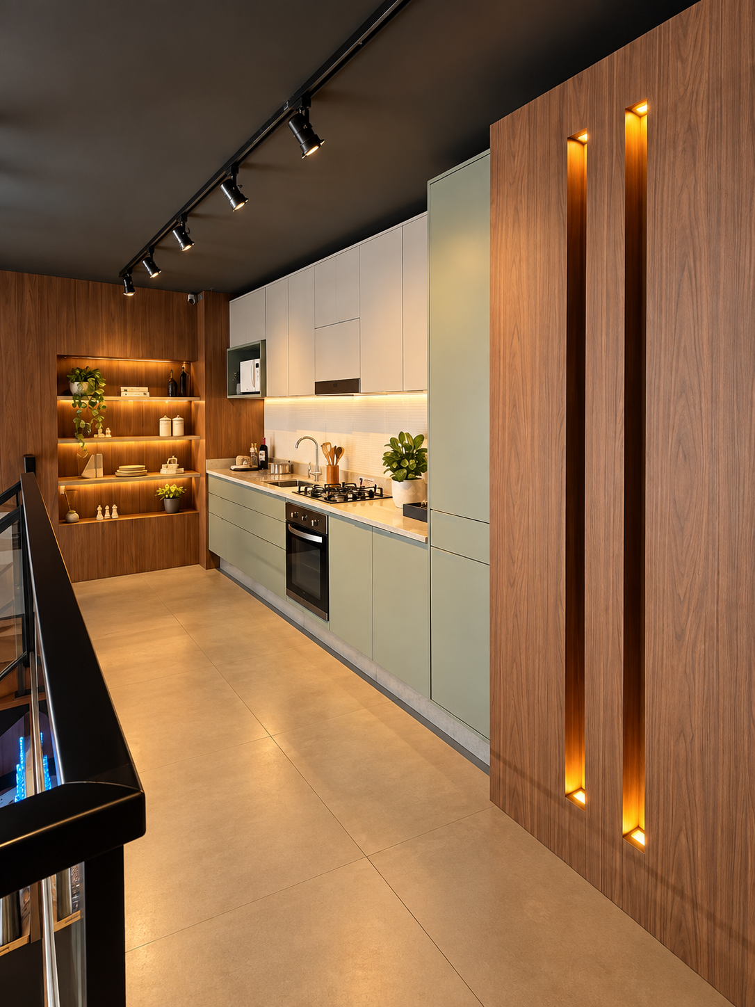 Cozinha planejada com armários verde-sálvia e branco, painel de madeira com iluminação em friso vertical, teto preto com spots, piso porcelanato claro, estilo contemporâneo sofisticado