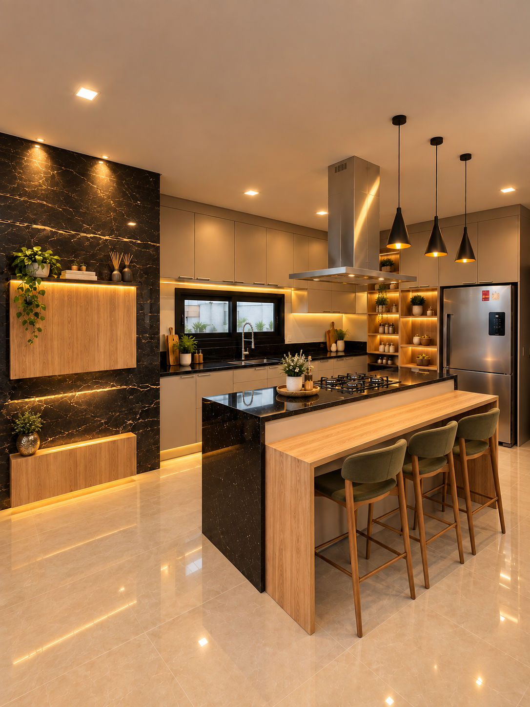 Cozinha planejada com ilha em granito preto e madeira, parede em mármore preto com veios dourados, nichos iluminados com plantas e utensílios, coifa em inox, pendentes pretos, bancada estilo bar com banquetas verdes, piso porcelanato polido, fotografia de interiores realista