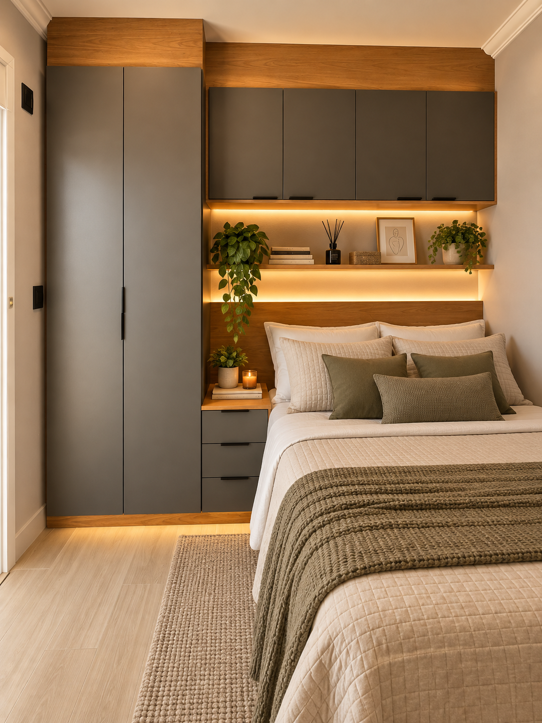 Quarto planejado com guarda-roupa cinza-chumbo e módulos superiores em laca fosca, painel de madeira clara ao redor da cama, nicho com iluminação em LED embutida, plantas pendentes, criado-mudo com gaveteiro e detalhes dourados, roupa de cama bege com almofadas verde-musgo, tapete de fibra natural, iluminação quente aconchegante, fotografia de interiores realista